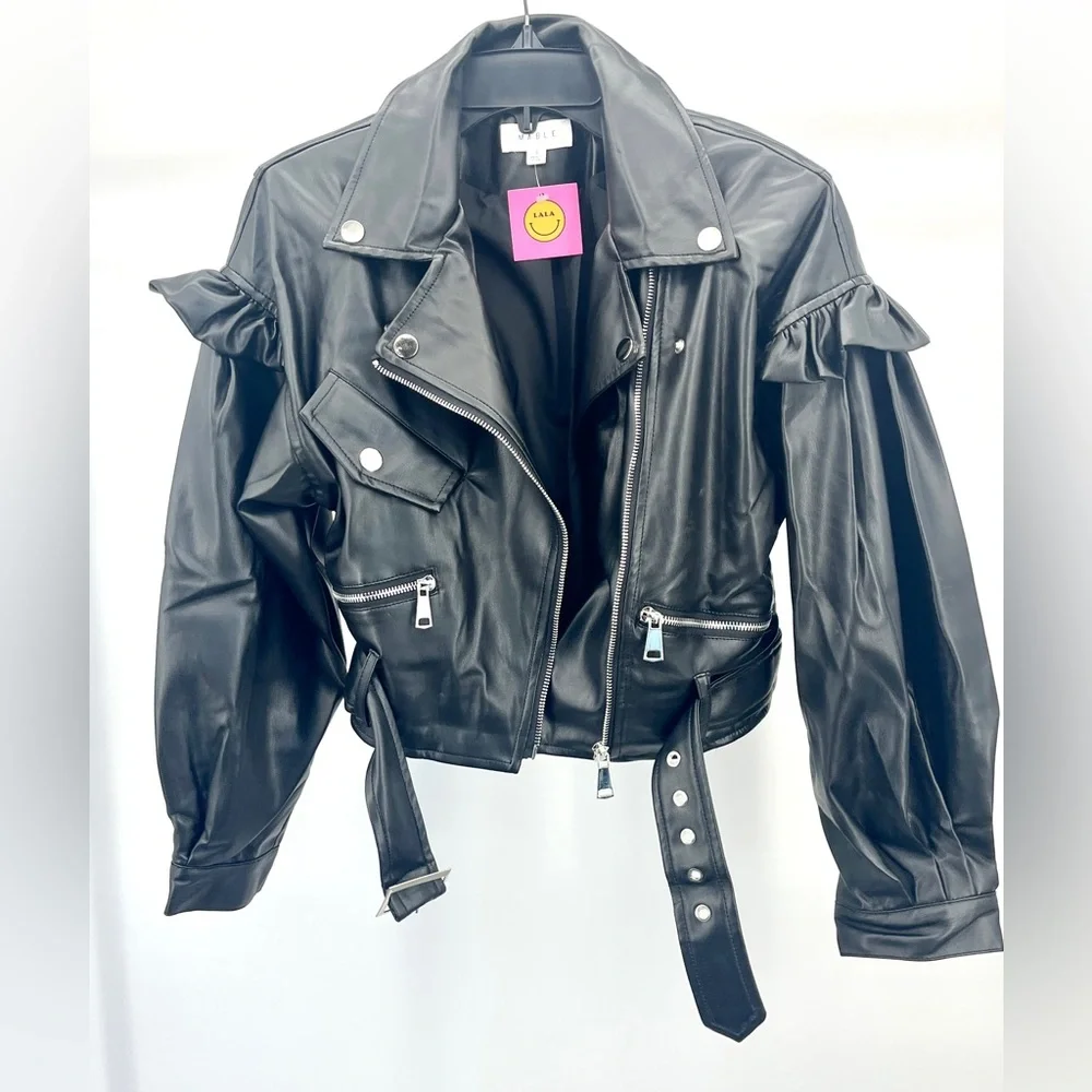 Women’s Chic Black Leather Jacket with Ruffle Sleeves Pockets Snap Buttons - Picture 3 of 9